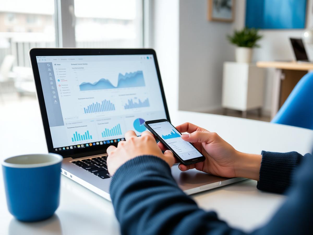 Acompanhamento financeiro do condomínio em notebook e celular